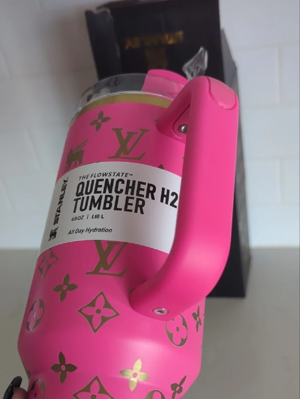 Pink Tumbler with Gold Accents and Handle